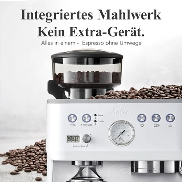 Solis Grind & Infuse Perfetta, Siebträger Kaffeemaschine 54 mm mit Milchaufschäumer und Bohnenmahlwerk, Schwarz/Silber/Weiß – Bild 2