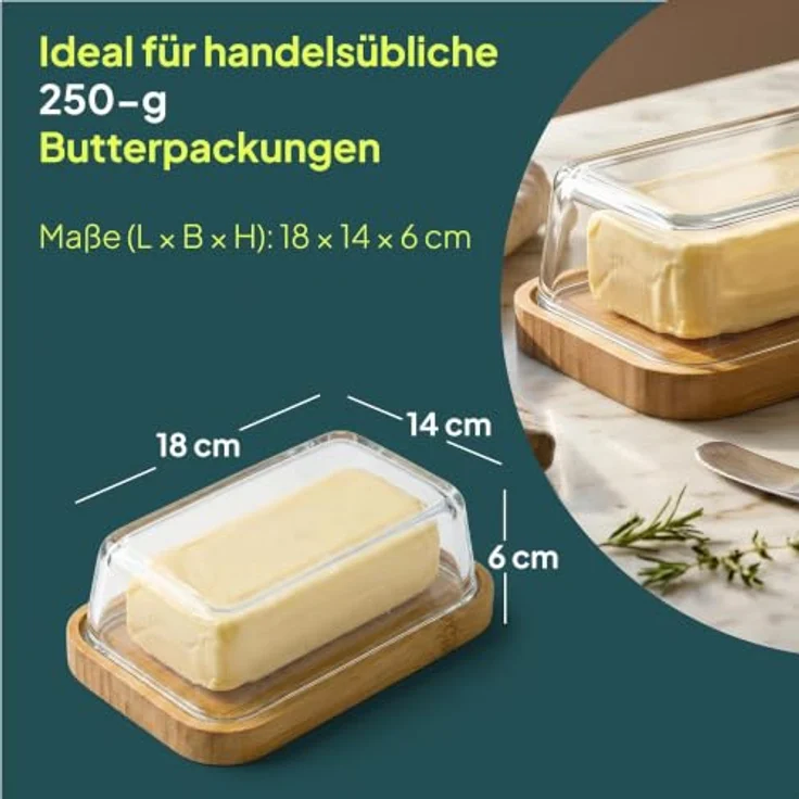 uandu Butterdose Glas mit Deckel für 250 g Butter – Borosilikatglas mit FSC-zertifiziertem Bambusboden und Spülmaschinenfestigkeit – Bild 2