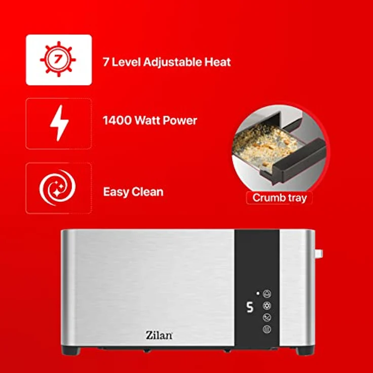 Zilan Toaster ZLN-6234, 4 Scheiben, 1400 W, Edelstahl Gehäuse, Brötchenaufsatz, Krümelschublade, Cool-Touch Design - Preisvergleich – Bild 3