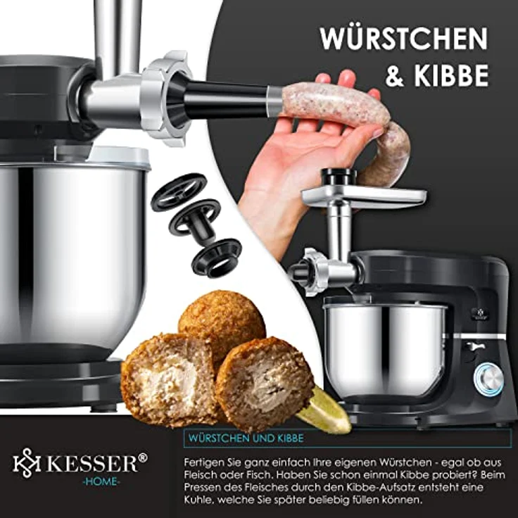 KESSER K-KM 3000 3 in 1 Universal Küchenmaschine, 1500W, 5,5L Schüssel, inkl. Fleischwolf, 3 Rührwerkzeuge, 1,5L Entsafter, Wurst Set Pasta & Plätzchenformen, schwarz – Bild 6