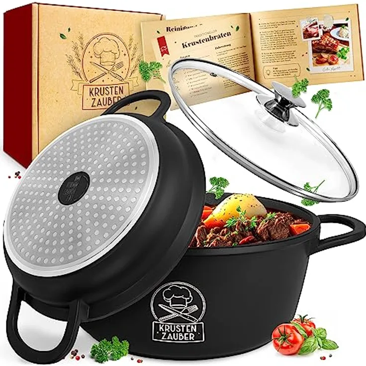 KRUSTENZAUBER 24cm Aluguss Bräter mit Deckel backofengeeignet [inkl. Glasdeckel] - 4L Aluminium Schmortopf & Bratpfanne - Idealer Bräter Induktion, Schmorpfanne, Bratentopf, Gussbräter, Kasserolle - Modernes Kocherlebnis, gleichmäßige Wärmeverteilung, flexibel einsetzbar.