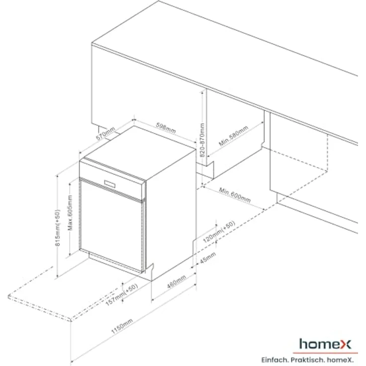 homeX GSBU6012AE Geschirrspüler 60 cm Unterbau, 12 Maßgedecke, 6 Programme, AquaStop, schwarz – Bild 5