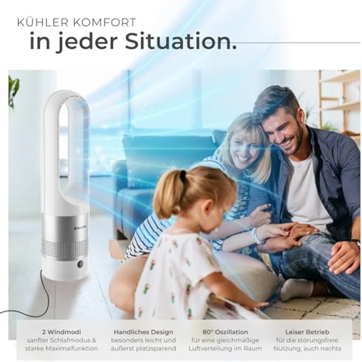 tectake® rotorloser Turmventilator mit Fernbedienung, 8 Geschwindigkeitsstufen, 80° Oszillation, leise für Schlafzimmer - weiß – Bild 3