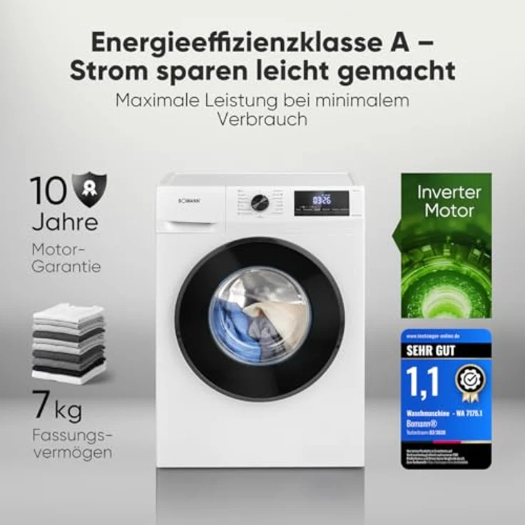 Bomann® WA 7175.1 Waschmaschine 7kg, Invertermotor, max. 1400 U/min, 15 Programme, LED-Display, weiß – Bild 2