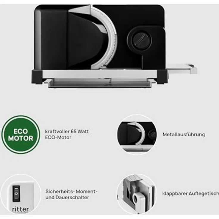 Ritter icaro 5 Klappbarer elektrischer Allesschneider & Brotschneidemaschine aus Metall mit ECO-Motor, Made in Germany, Schwarz – Bild 3