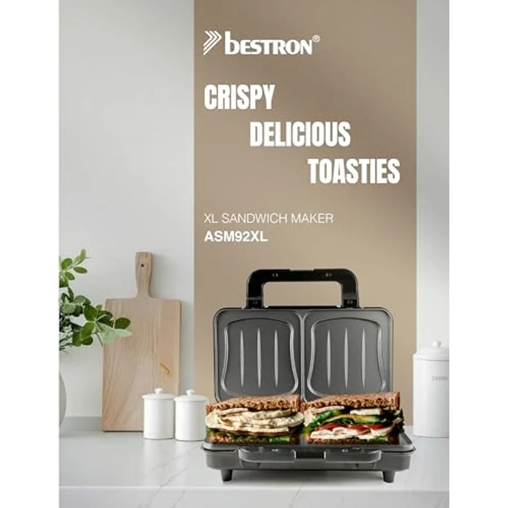 Bestron ASM92XLSAT, XXL Sandwichmaker mit 900 W, beige, automatische Temperaturregelung und Antihaftbeschichtung – Bild 2