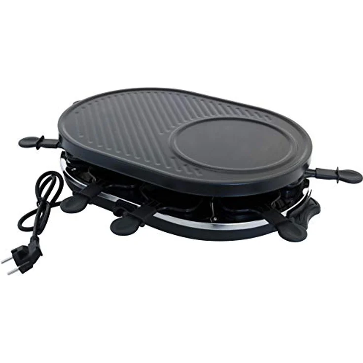 Expo Börse Raclette Tischgrill für 8 Personen, Partyraclette mit Crêpesmaker, 8 Anti-Haft Pfännchen, 1200 W, ovale Form, schwarz – Bild 3