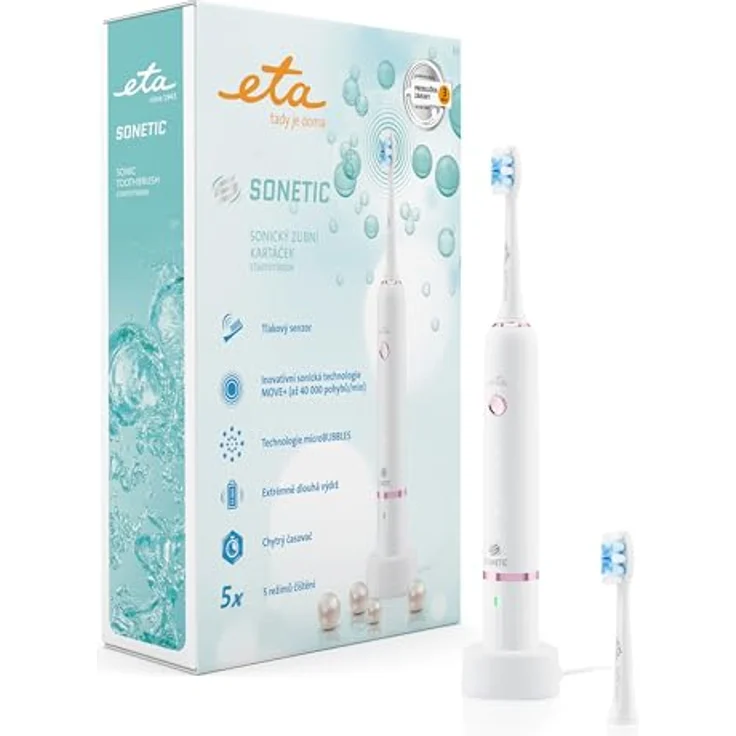 ETA elektrische Schallzahnbürste Sonetic I 5 x Reinigungsmodi I bis zu 40000 Bürstenkopfbewegungen/Minute I Drucksensor I Timer I 3,7 V Li-Ion-Akku I IPX7 I 2 Ersatzköpfe I Weiß – Bild 1