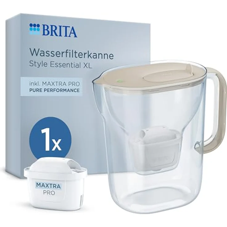 BRITA Wasserfilter Kanne Style Essential XL sand, 3,6L mit MAXTRA PRO Pure Performance, Smart Light LED, Klapp-Deckel und Verunreinigungsschutz – Bild 1