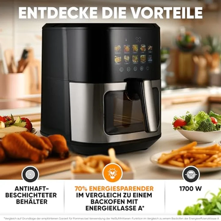 ProfiCook® Heißluftfritteuse 6,5L | Airfryer mit Color-Display | 9 Programme | 50-200°C | 1700W | XXL | PC FR 1286 H, silber – Bild 5