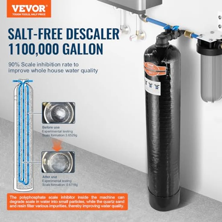 VEVOR Salzfreier Entkalker Wasserfilter, 4200 t für Leitungswasser, wartungsfrei, für 5-8 Köpfe, kompatibel mit 1 Zoll und 3/4 Zoll BSPT – Bild 2