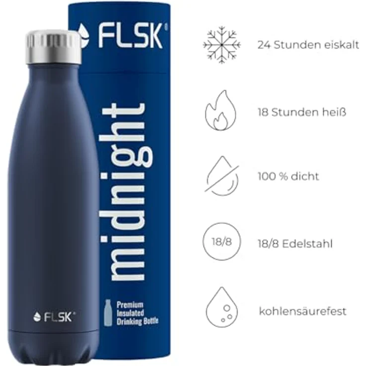 FLSK Trinkflasche – Premium Edelstahl Thermosflasche mit VICC-Technologie – 100 % auslaufsicher, kohlensäuregeeignet, hält 24 h kalt & 18 h heiß – BPA-frei (midnight, 500 ml) – Bild 3