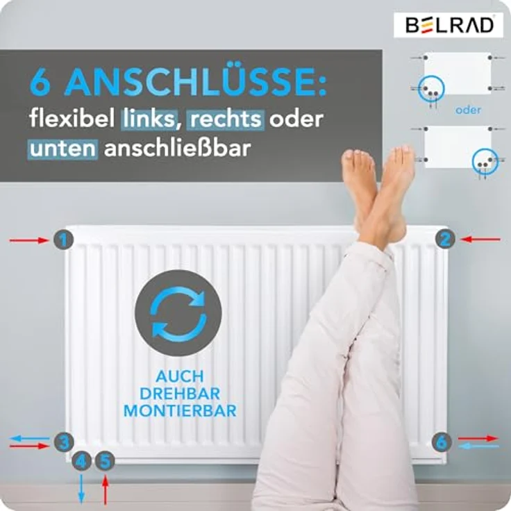 Belrad Universalheizkörper T33, Kompakt Ventilheizkörper 6 Anschlüsse, 400x800 mm, 1369 W, Reinweiß – Bild 8