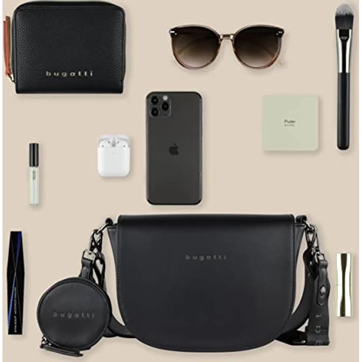 Bugatti Almata Schultertasche, elegante schwarze Handtasche mit verstellbarem Trageriemen und zusätzlichem Steckfach – Bild 5