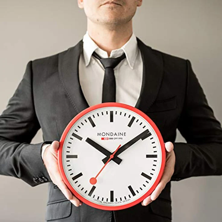 Mondaine Wanduhr A990.Clock.11SBC 25cm - Bahnhofsuhr in Rot aus Aluminium mit rotem Sekundenzeiger staubbeständig – Bild 4