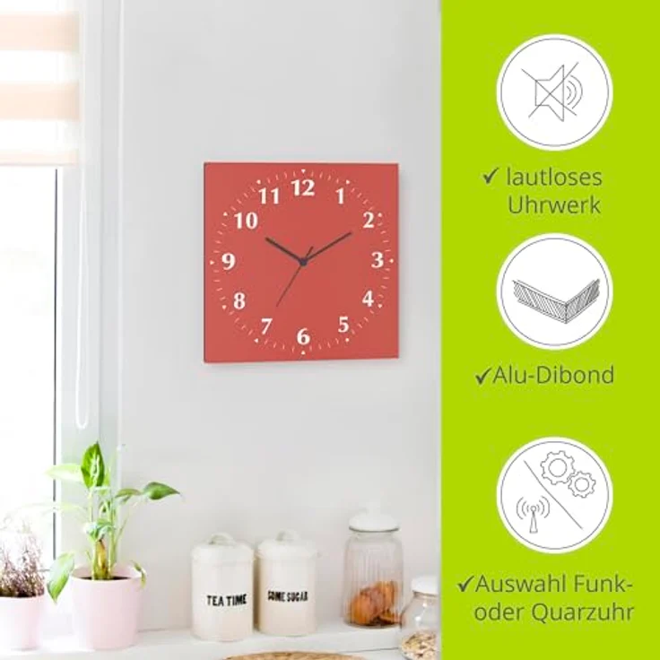 ARTLAND Wanduhr ohne Tickgeräusche Alu Funkuhr 30x30 cm Quadratisch Lautlos 12 Ziffern Farbig Schlichtes Design Rot S7KJ – Bild 2