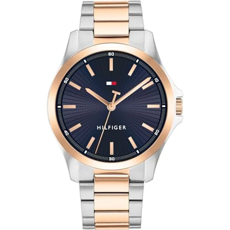 Tommy Hilfiger 1792193, Herren Armbanduhr mit DREI-Zeiger-Quarzwerk, 43mm Edelstahlgehäuse in zweifarbiger Ausführung, marineblaues Zifferblatt, Wasserfest bis 3 ATM – Bild 1