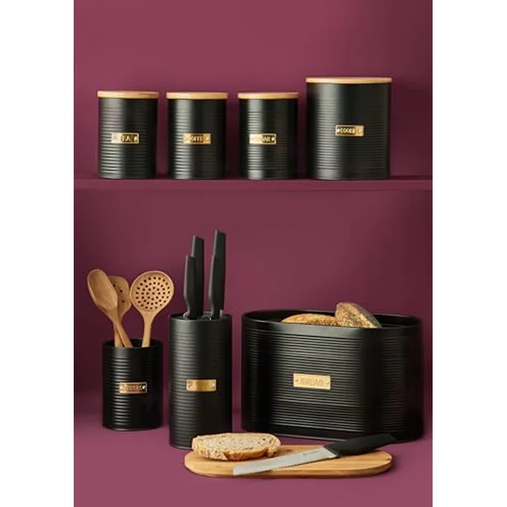 Typhoon Living airtight Biscuit/Cookie Aufbewahrungskanister, 2,6 Liter, matt schwarz mit Bambus Deckel und goldfarbenem Emblem – Bild 4