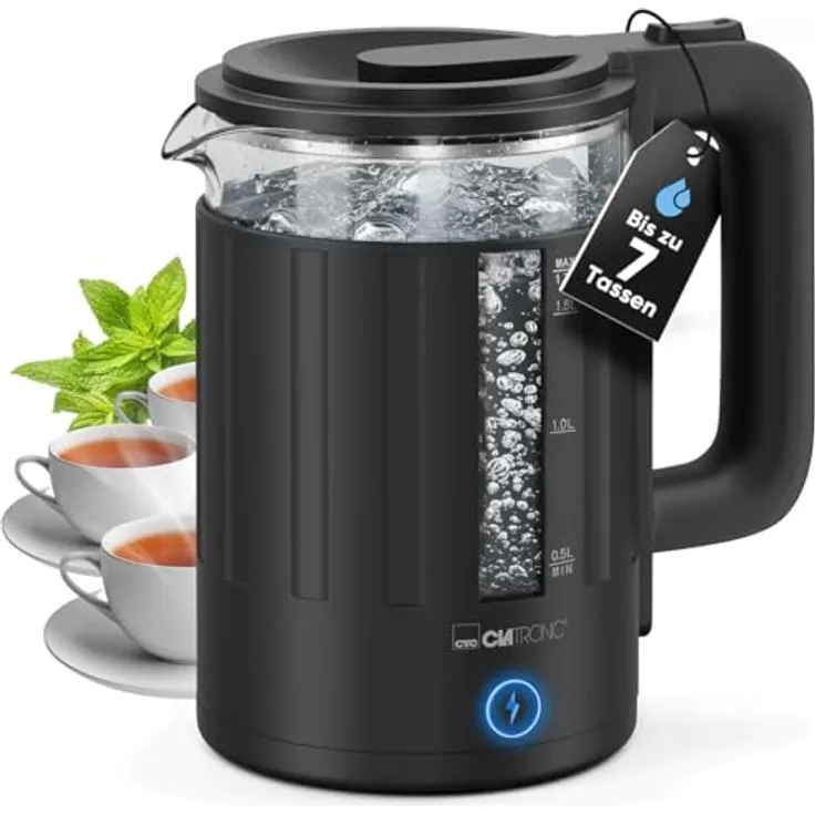 Clatronic® WK 3837 Wasserkocher Glas, 1,7 Liter, BPA-frei, einhandbedienbar, wärmeisoliertes Gehäuse, schwarz, mit Kabelaufwicklung