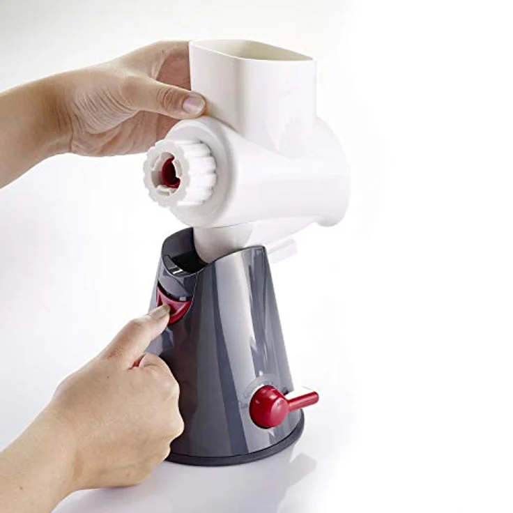 Westmark Reibemaschine mit 3 Schneidtrommeln, Trommelreibe--hobel, Großer Saugfuß, Höhe: 26,5 cm, Kunststoff-Rostfreier Edelstahl, Scharfe Herta, Weiß-Dunkelgrau-Rot, 97022260 – Bild 5