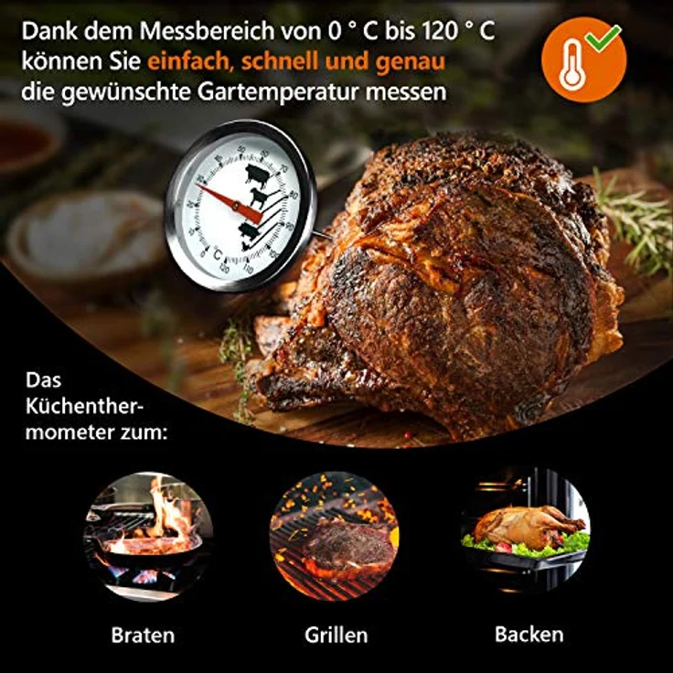 VIOKS Fleischthermometer Backofen 0 bis +120°C - Edelstahl Steak Thermometer 43 mmØ mit Einstechfühler 130 mm - Thermometer Fleisch zur exakten Temperaturmessung verschiedener Fleischsorten – Bild 4