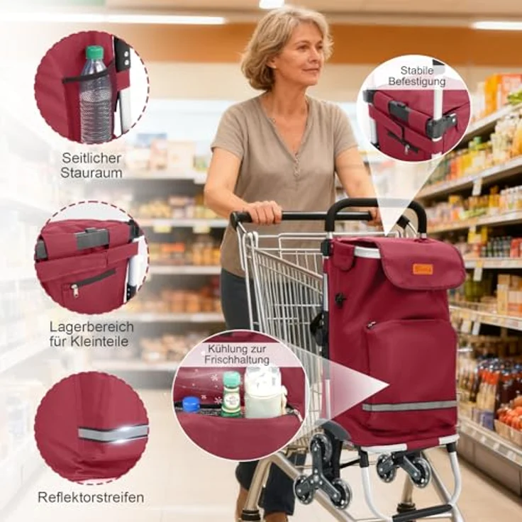 Sekey Klappbarer Einkaufstrolley 3-in-1 mit Kühlfach, 42 l, roter Treppensteiger Trolley inkl. Spanngurt und Einkaufschip – Bild 4