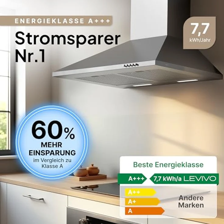 LEVIVO Dunstabzugshaube 60cm A+++ mit 410 m³/h, Umluft & Abluft, 2 Aktivkohlefilter, 2 Fettfilter, Wandhaube, 3 Stufen, Edelstahl – Bild 4