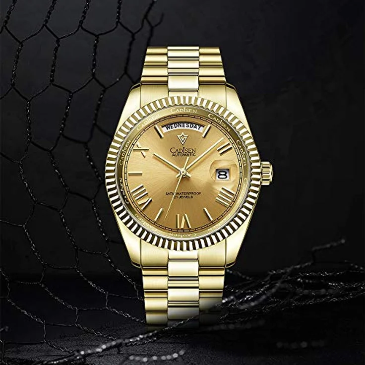 CADISEN Automatik Uhr Herren MIYOTA 8285, Mechanische Automatikuhr mit Saphirglas, Edelstahlarmband, goldfarben, wasserdicht bis 100 m – Bild 3