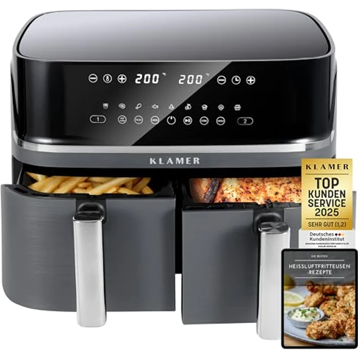 KLAMER Heißluftfritteuse Duo 9 L, Doppelkammer Airfryer mit 2 Körben, Digitaldisplay, 10 Automatikprogrammen, Dual-Funktion, Timer und 3000 W Heißluft-Zirkulation – Bild 1