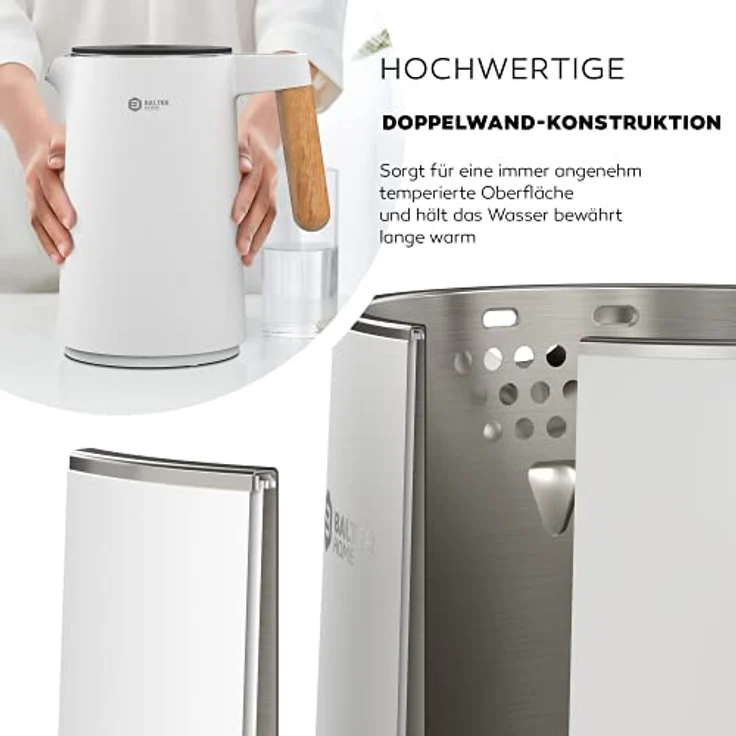 BALTER WK-08-WH Edelstahl-Wasserkocher, 2200W, 1,5L, doppelwandig, kabellos, Warmhaltefunktion, weiß – Bild 2