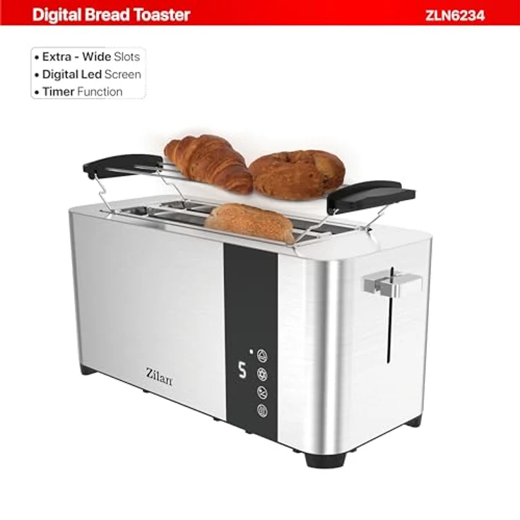 Zilan Toaster ZLN-6234, 4 Scheiben, 1400 W, Edelstahl Gehäuse, Brötchenaufsatz, Krümelschublade, Cool-Touch Design - Preisvergleich – Bild 2