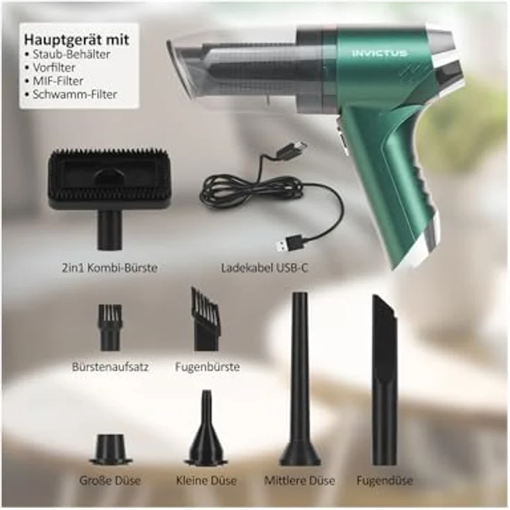 Genius Invictus One Quick Akku Handstaubsauger 3 in 1, kabellos, 75 Watt BLDC-Motor, Mini Autostaubsauger, Beutellos, für Auto, Küche, Tastatur – Bild 5