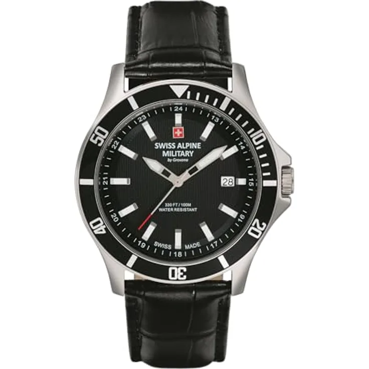 Swiss Alpine Military Herren Uhr 7022.1537SAM, Analog Quarz mit schwarzem Zifferblatt, Lederarmband und Datumsanzeige