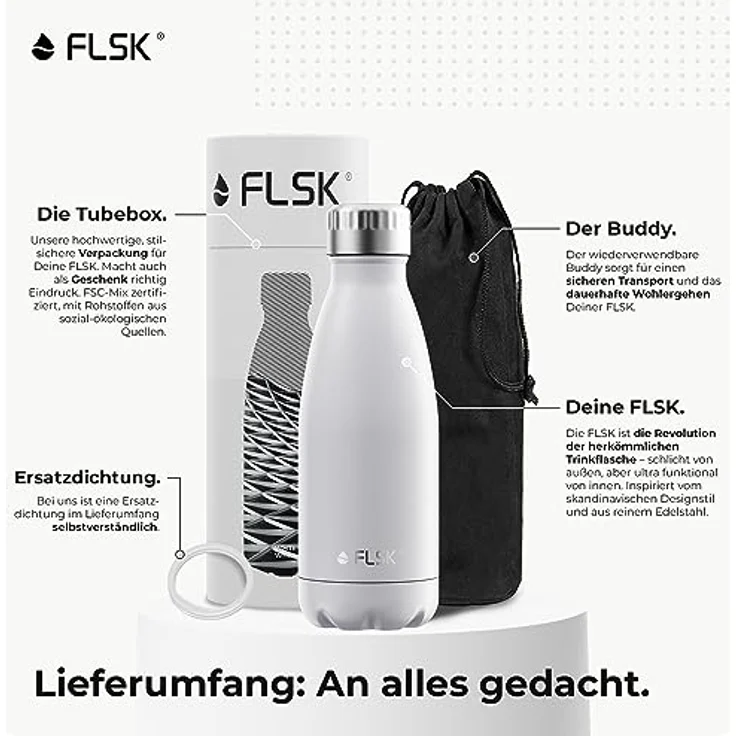 FLSK Das Original New Edition Edelstahl Trinkflasche – Kohlensäure geeignet 18 Stunden heiß, 24 Stunden kalt, 0,35l, weiß – Bild 6
