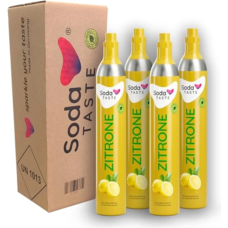 SodaTASTE CO2-Zylinder tauschen 4er-Pack (Refill) mit natürlichem Zitronenaroma, zuckerfrei, für bis zu 240l Sprudelwasser, Wassersprudler-Füllung in Deutschland hergestellt – Bild 1