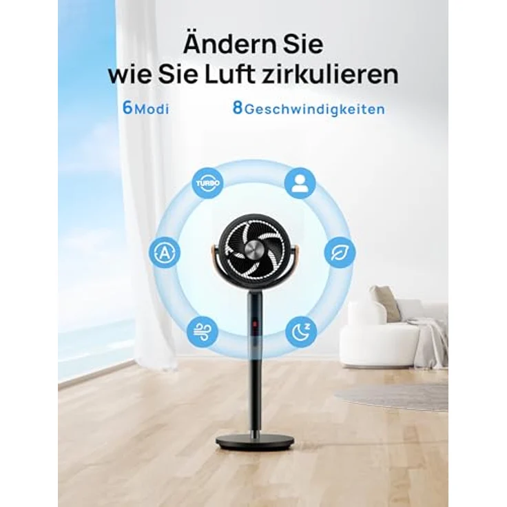 Dreo PolyFan 513S, 25dB leiser Smart Standventilator mit 120°+105° Oszillation, 6 Modi, 8 Geschwindigkeiten und Fernbedienung, 30M Winddistanz, Turbo-Luftzirkulator – Bild 3