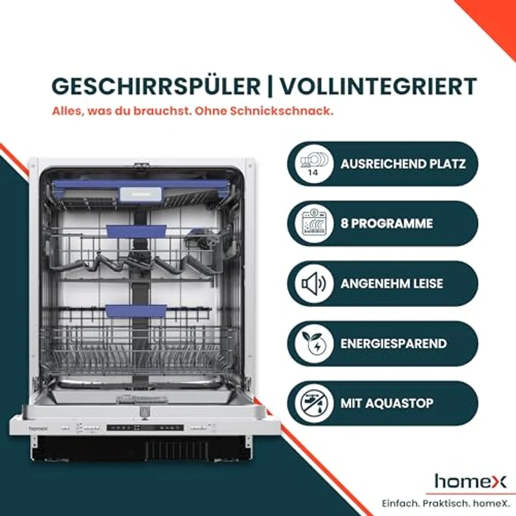 homeX DWFI601442A Geschirrspüler 60 cm, vollintegrierbar, 14 Maßgedecke, 8 Programme, leise mit 42 dB, Energieeffizienzklasse A – Bild 2