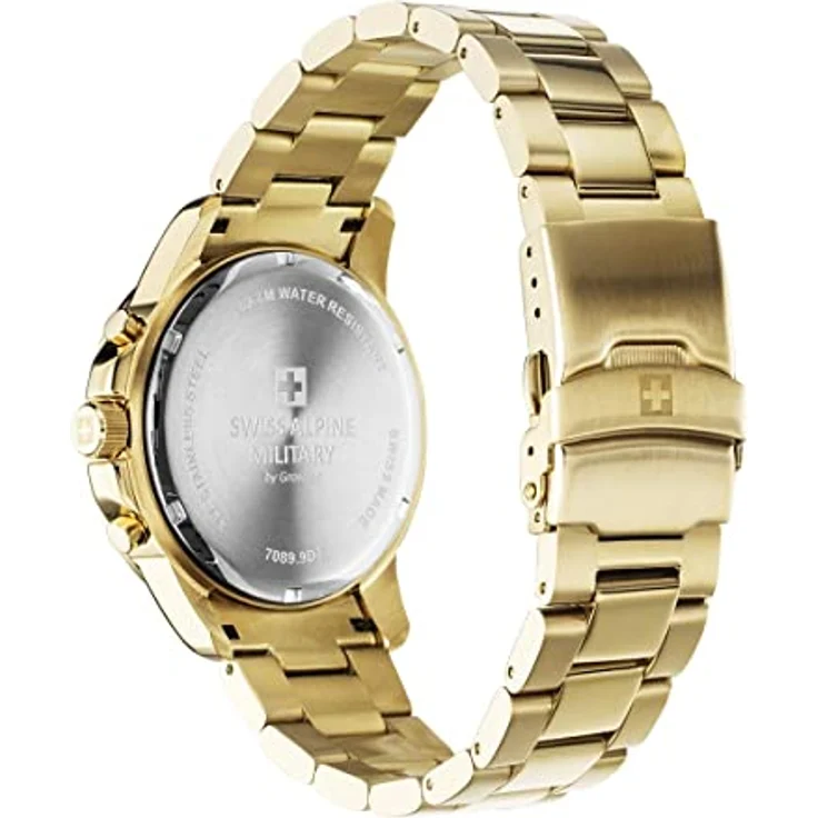 Swiss Alpine Military Herren-Armbanduhr Chronograph, Analog Quarz, Edelstahl, 44 mm, Gold/Schwarz/Weiß, mit Datumsanzeige und Stoppfunktion – Bild 3