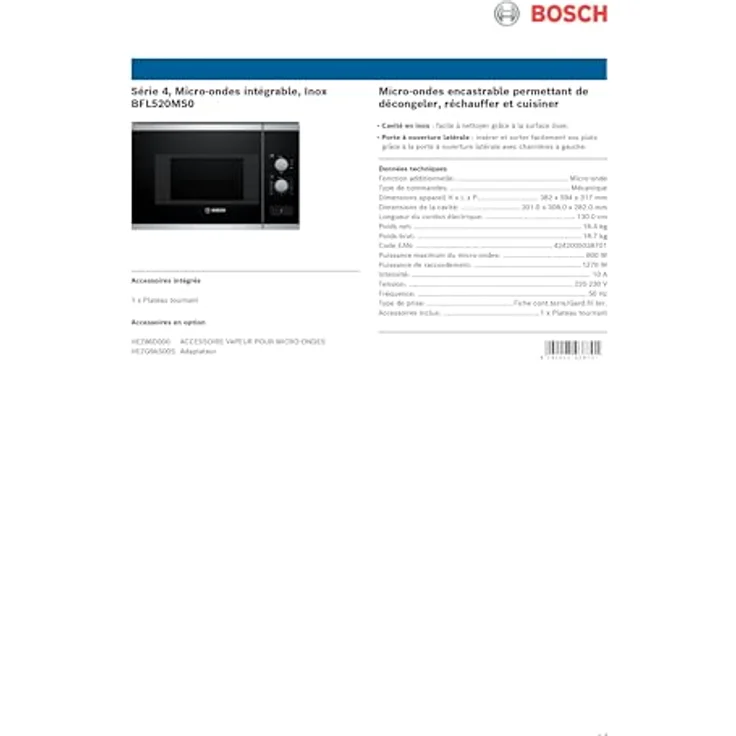 Bosch BFL520MS0 Einbau-Mikrowelle, Kombigerät, 20 Liter Garraum, 800 Watt, Schwarz, Edelstahl – Bild 6