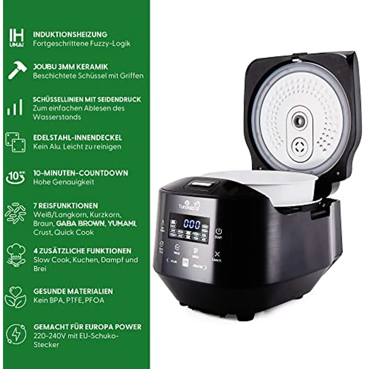 Yum Asia Bamboo Reiskocher mit Induktionsheizung (IH) und Keramikschale, 7 Reiskochfunktionen, 4 Multikocherfunktionen, Motouch LED-Anzeige (1,5 Liter) 220-240V Europa Power (Anthrazitschwarz) – Bild 3