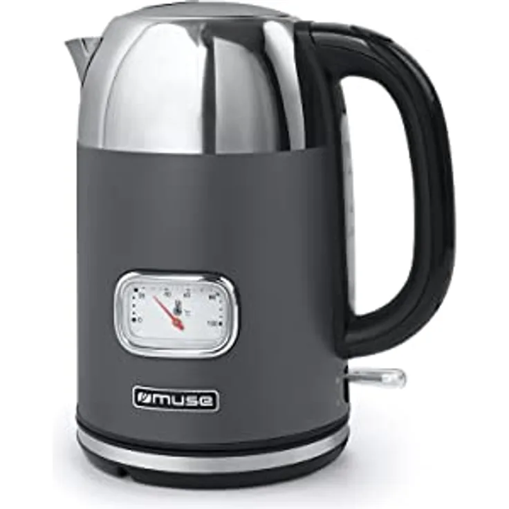 MUSE Edelstahl Retro Wasserkocher mit analoger Temperaturanzeige, mit Filter, transparenter Skala, 1,7L Fassungsvermögen, Automatische Abschaltung, grau-edelstahl (MS-020 DG)