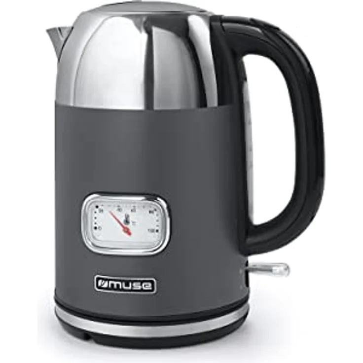 MUSE Edelstahl Retro Wasserkocher mit analoger Temperaturanzeige, mit Filter, transparenter Skala, 1,7L Fassungsvermögen, Automatische Abschaltung, grau-edelstahl (MS-020 DG) – Bild 1