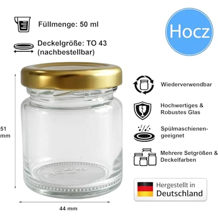 hocz 50x Mini Marmeladengläser 50 ml, Einmachgläser mit goldenen Schraubdeckeln TO 43, luftdicht und spülmaschinenfest, Set für Marmelade und mehr, 50 Stück – Bild 2