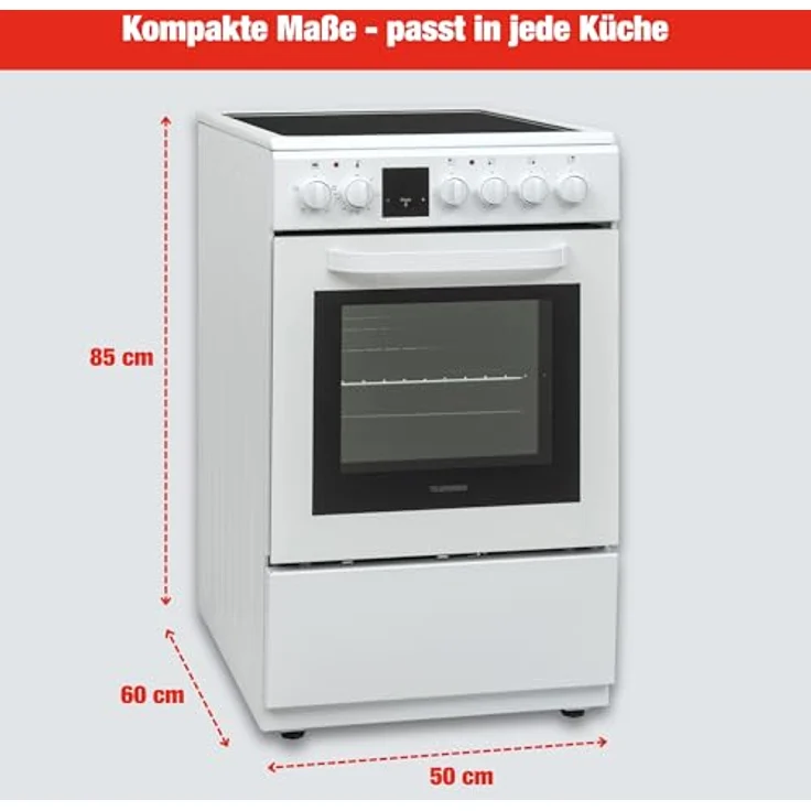 Telefunken Standherd BSHC55AI, Elektroherd freistehend mit Glaskeramik-Kochfeld, 55 Liter, 5 Betriebsarten, 4 Kochzonen, LED-Display, Energieeffizienzklasse A, Weiß – Bild 5