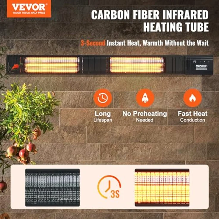 VEVOR Heizstrahler 3000 W, Carbon-Infrarot mit Fernbedienung, IP65-wetterfest, 9 Temperatureinstellungen und Timer für Veranda, Terrasse, Studio, Wandmontage – Bild 2