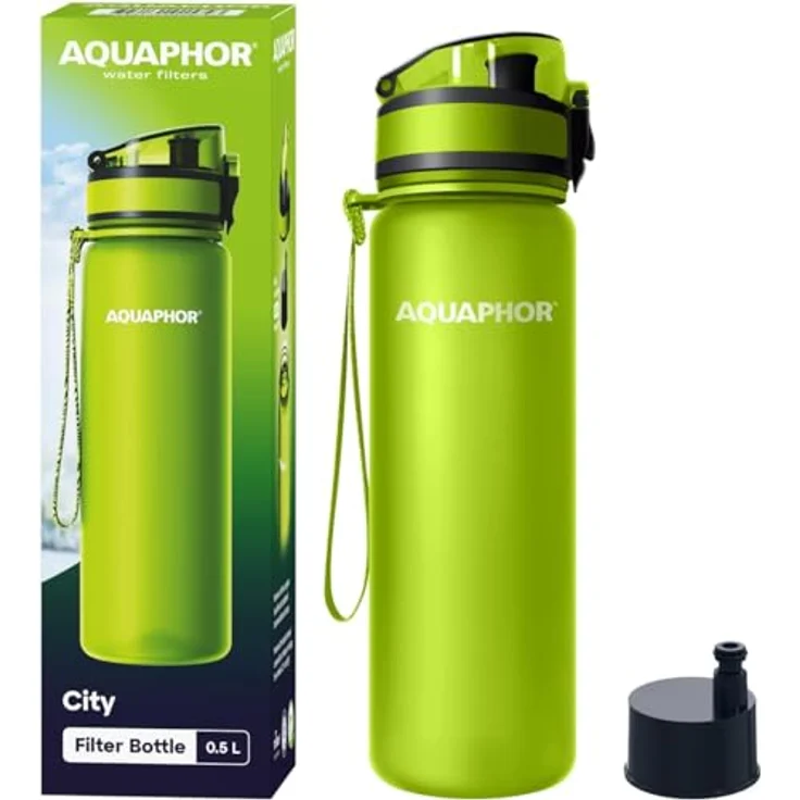 AQUAPHOR City Filterflasche 500ml Grün I Flasche mit Wasserfilter für unterwegs I Filter mit Aktivkohle I Filtert Chlor I Aus Tritan & BPA-frei I Für besseren Geschmack & Geruch des Wassers – Bild 1