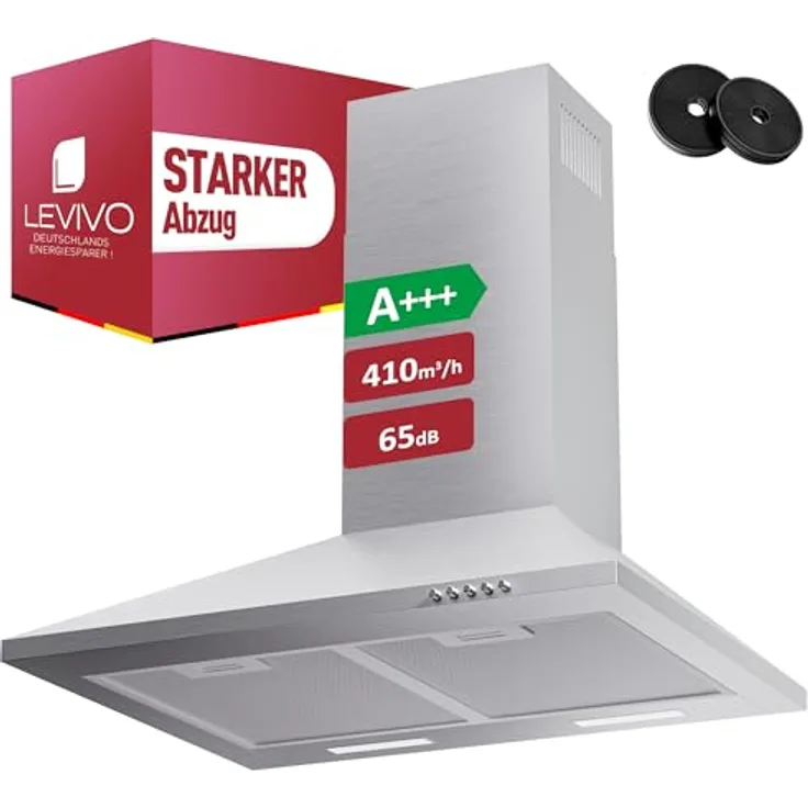 LEVIVO Dunstabzugshaube 60cm A+++ mit 410 m³/h, Umluft & Abluft, 2 Aktivkohlefilter, 2 Fettfilter, Wandhaube, 3 Stufen, Edelstahl