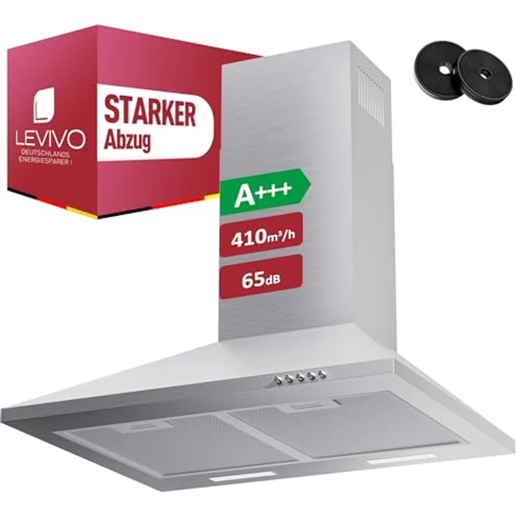 LEVIVO Dunstabzugshaube 60cm A+++ mit 410 m³/h, Umluft & Abluft, 2 Aktivkohlefilter, 2 Fettfilter, Wandhaube, 3 Stufen, Edelstahl – Bild 1