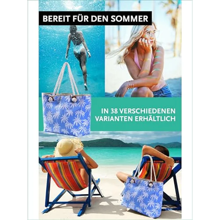 DonDon XXL Strandtasche mit Reißverschluss, gestreifte Umhängetasche in Weiß-Blau mit Palmen, praktische Badetasche für Strand und Freizeit, inkl. Mini Tasche – Bild 5
