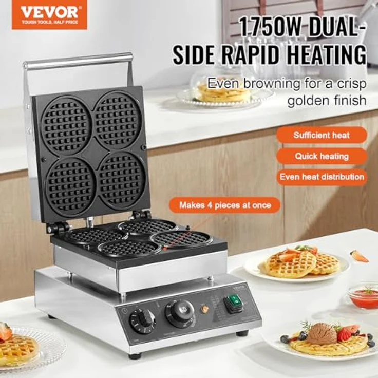 VEVOR kommerzielles Waffeleisen 1750 W, belgisches Waffeleisen aus Edelstahl mit Temperatur- und Zeitregelung, antihaftbeschichtet, für Restaurant Bäckerei Snackbar, 4 runde Waffeln – Bild 2